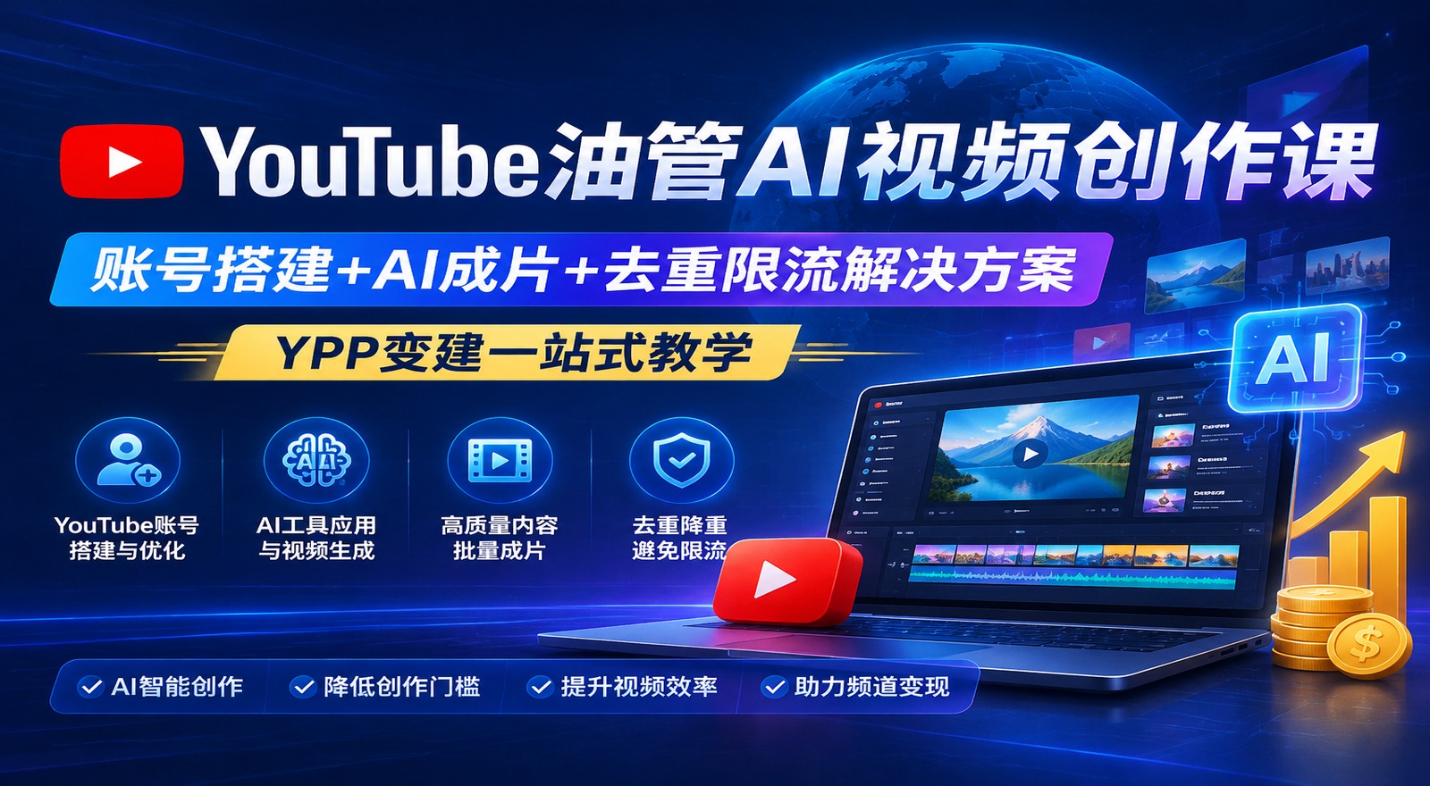 YouTube油管AI视频创作课｜账号搭建+AI成片+去重限流解决方案，YPP变现一站式教学|shaocun资源站 - 你的知识成长补给站