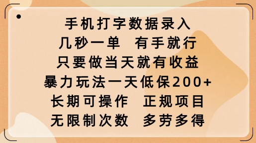 手机打字数据录入，几秒一单，有手就行，只要做当天就有收益，暴力玩法一天低保2张-shaocun资源站