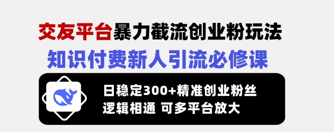 交友平台暴力截流创业粉玩法，知识付费新人引流必修课，日稳定300+精准创业粉丝，逻辑相通可多平台放大-shaocun资源站