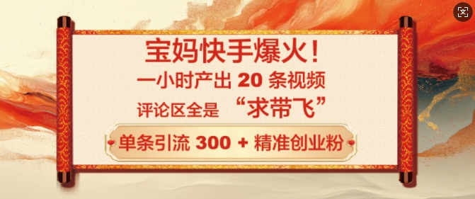 宝妈快手爆火，一小时产出 20 条视频，评论区全是 “求带飞”，单条引流 300 + 精准创业粉-shaocun资源站