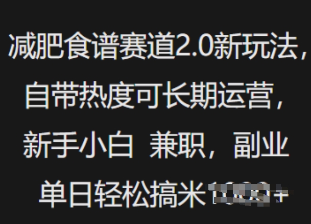 减肥食谱赛道2.0新玩法，自带热度可长期运营，新手小白，兼职副业单日轻松多张-shaocun资源站